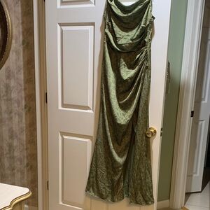 Elegant Green Draped floral Gown, slit to front, gathers on top